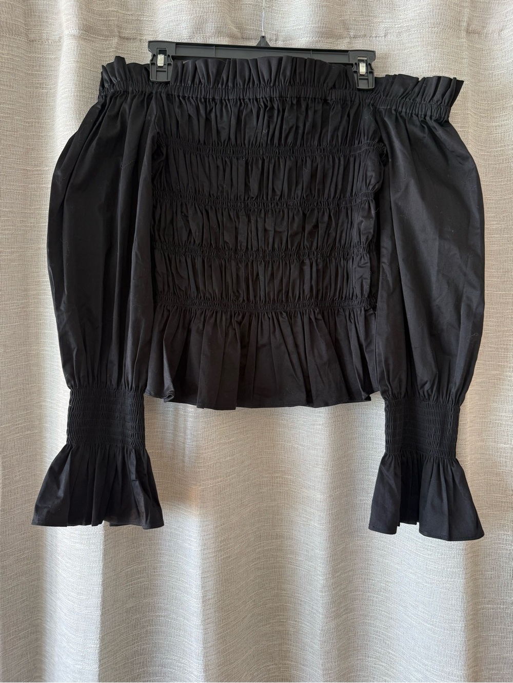 House of Harlow 1960 Black Smocked Off-Shoulder Puff Sleeve Top